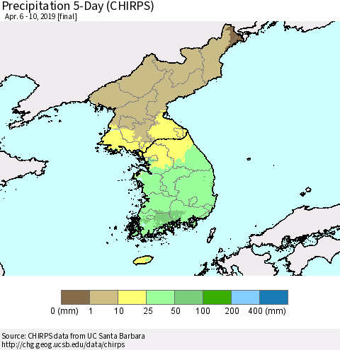 Korea Precipitation 5-Day (CHIRPS) Thematic Map For 4/6/2019 - 4/10/2019