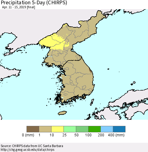 Korea Precipitation 5-Day (CHIRPS) Thematic Map For 4/11/2019 - 4/15/2019