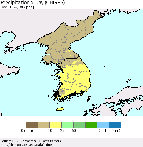 Korea Precipitation 5-Day (CHIRPS) Thematic Map For 4/21/2019 - 4/25/2019