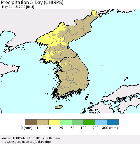 Korea Precipitation 5-Day (CHIRPS) Thematic Map For 5/11/2019 - 5/15/2019
