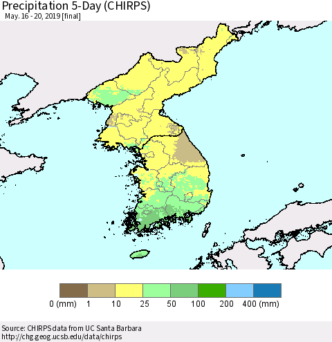 Korea Precipitation 5-Day (CHIRPS) Thematic Map For 5/16/2019 - 5/20/2019