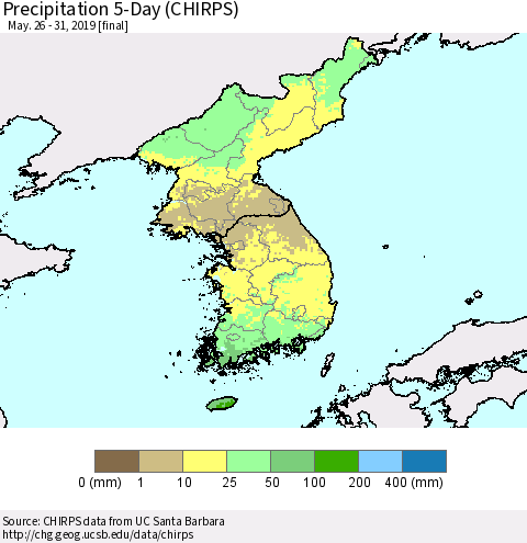 Korea Precipitation 5-Day (CHIRPS) Thematic Map For 5/26/2019 - 5/31/2019