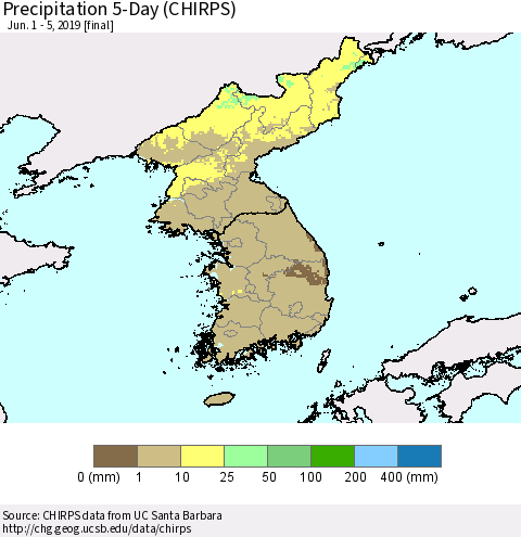 Korea Precipitation 5-Day (CHIRPS) Thematic Map For 6/1/2019 - 6/5/2019