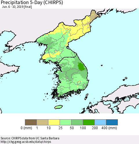 Korea Precipitation 5-Day (CHIRPS) Thematic Map For 6/6/2019 - 6/10/2019
