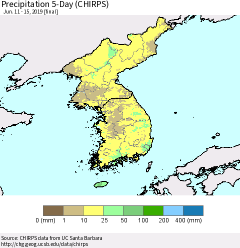 Korea Precipitation 5-Day (CHIRPS) Thematic Map For 6/11/2019 - 6/15/2019