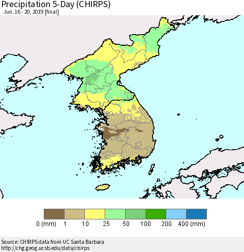 Korea Precipitation 5-Day (CHIRPS) Thematic Map For 6/16/2019 - 6/20/2019