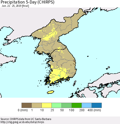 Korea Precipitation 5-Day (CHIRPS) Thematic Map For 6/21/2019 - 6/25/2019