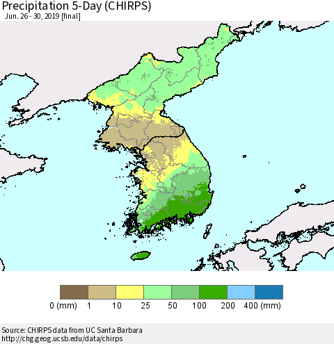 Korea Precipitation 5-Day (CHIRPS) Thematic Map For 6/26/2019 - 6/30/2019