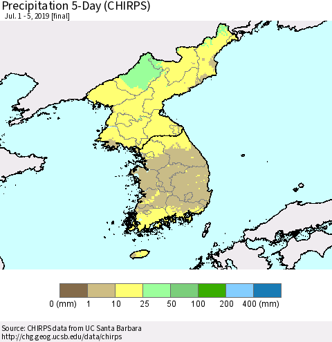 Korea Precipitation 5-Day (CHIRPS) Thematic Map For 7/1/2019 - 7/5/2019