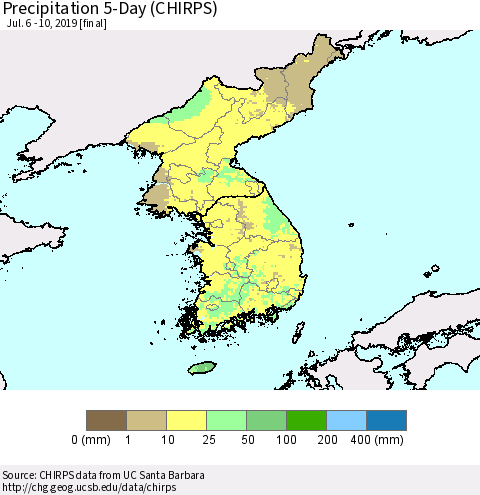 Korea Precipitation 5-Day (CHIRPS) Thematic Map For 7/6/2019 - 7/10/2019
