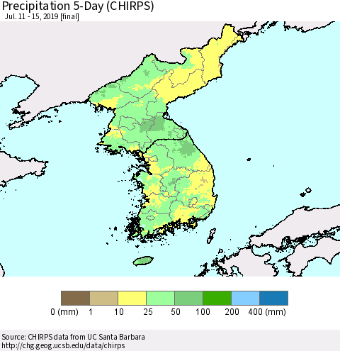 Korea Precipitation 5-Day (CHIRPS) Thematic Map For 7/11/2019 - 7/15/2019