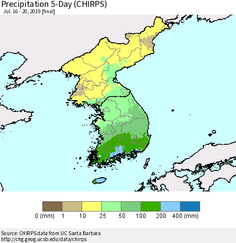 Korea Precipitation 5-Day (CHIRPS) Thematic Map For 7/16/2019 - 7/20/2019