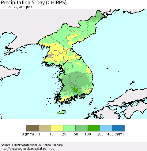 Korea Precipitation 5-Day (CHIRPS) Thematic Map For 7/21/2019 - 7/25/2019