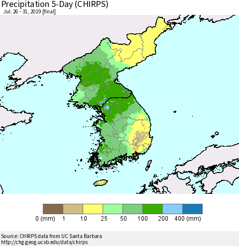 Korea Precipitation 5-Day (CHIRPS) Thematic Map For 7/26/2019 - 7/31/2019