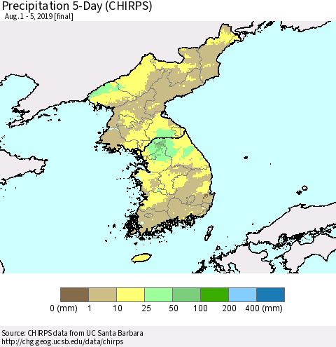 Korea Precipitation 5-Day (CHIRPS) Thematic Map For 8/1/2019 - 8/5/2019