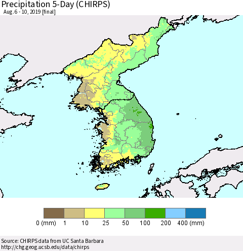 Korea Precipitation 5-Day (CHIRPS) Thematic Map For 8/6/2019 - 8/10/2019