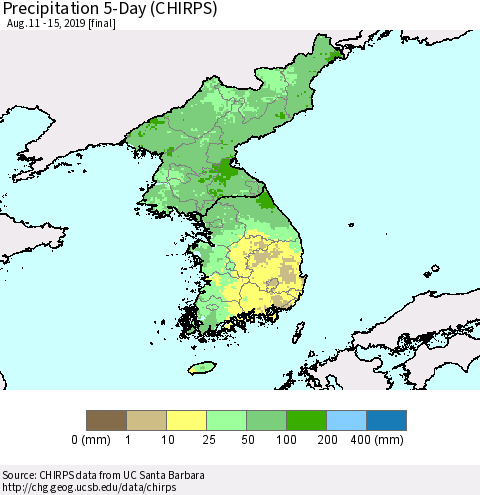 Korea Precipitation 5-Day (CHIRPS) Thematic Map For 8/11/2019 - 8/15/2019