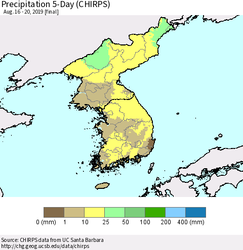 Korea Precipitation 5-Day (CHIRPS) Thematic Map For 8/16/2019 - 8/20/2019