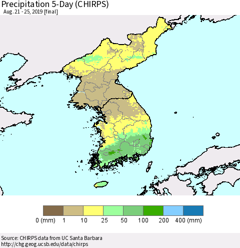 Korea Precipitation 5-Day (CHIRPS) Thematic Map For 8/21/2019 - 8/25/2019