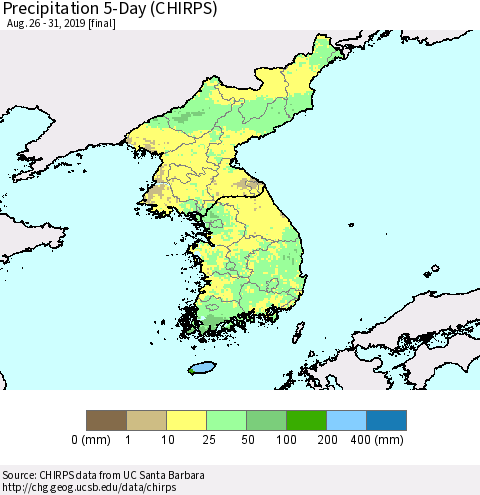 Korea Precipitation 5-Day (CHIRPS) Thematic Map For 8/26/2019 - 8/31/2019