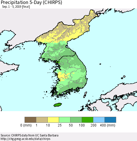 Korea Precipitation 5-Day (CHIRPS) Thematic Map For 9/1/2019 - 9/5/2019