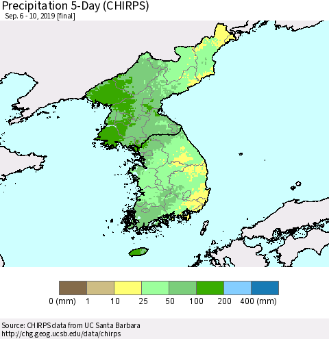 Korea Precipitation 5-Day (CHIRPS) Thematic Map For 9/6/2019 - 9/10/2019