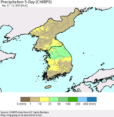 Korea Precipitation 5-Day (CHIRPS) Thematic Map For 9/11/2019 - 9/15/2019