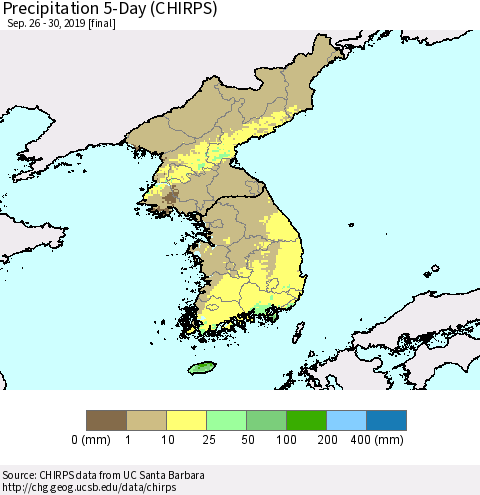 Korea Precipitation 5-Day (CHIRPS) Thematic Map For 9/26/2019 - 9/30/2019