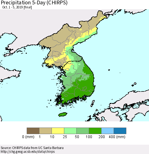 Korea Precipitation 5-Day (CHIRPS) Thematic Map For 10/1/2019 - 10/5/2019