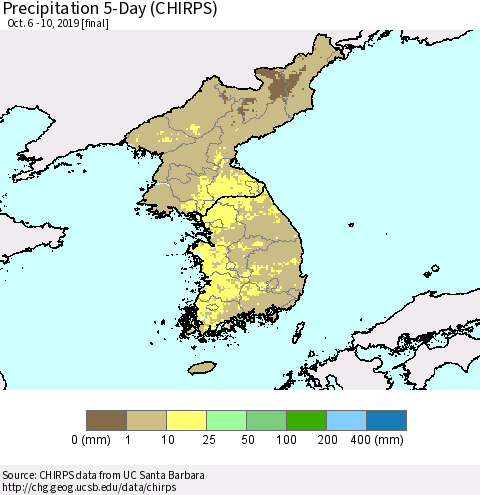 Korea Precipitation 5-Day (CHIRPS) Thematic Map For 10/6/2019 - 10/10/2019