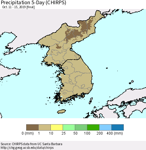 Korea Precipitation 5-Day (CHIRPS) Thematic Map For 10/11/2019 - 10/15/2019