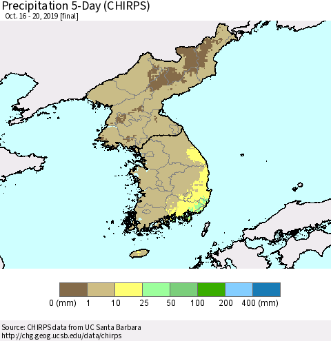 Korea Precipitation 5-Day (CHIRPS) Thematic Map For 10/16/2019 - 10/20/2019