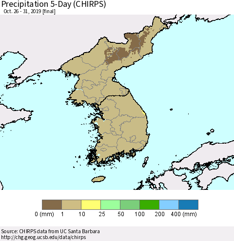 Korea Precipitation 5-Day (CHIRPS) Thematic Map For 10/26/2019 - 10/31/2019