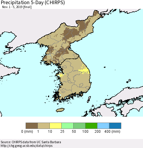 Korea Precipitation 5-Day (CHIRPS) Thematic Map For 11/1/2019 - 11/5/2019