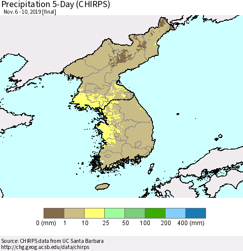 Korea Precipitation 5-Day (CHIRPS) Thematic Map For 11/6/2019 - 11/10/2019