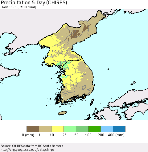 Korea Precipitation 5-Day (CHIRPS) Thematic Map For 11/11/2019 - 11/15/2019