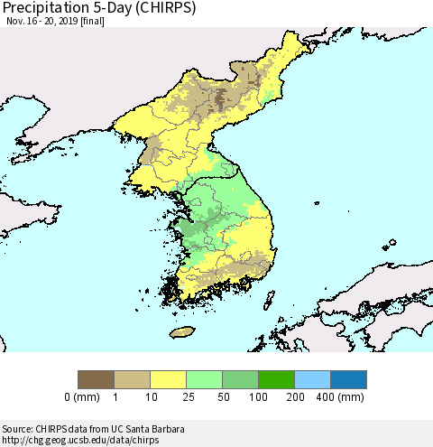 Korea Precipitation 5-Day (CHIRPS) Thematic Map For 11/16/2019 - 11/20/2019