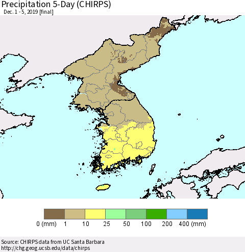 Korea Precipitation 5-Day (CHIRPS) Thematic Map For 12/1/2019 - 12/5/2019