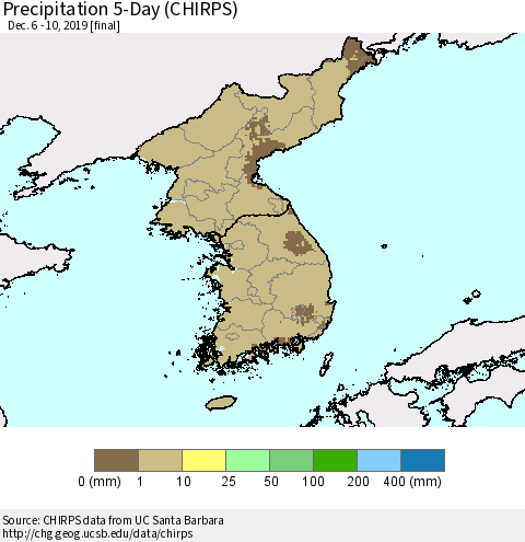 Korea Precipitation 5-Day (CHIRPS) Thematic Map For 12/6/2019 - 12/10/2019