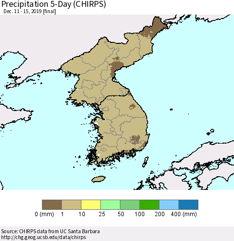 Korea Precipitation 5-Day (CHIRPS) Thematic Map For 12/11/2019 - 12/15/2019
