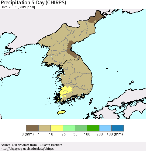 Korea Precipitation 5-Day (CHIRPS) Thematic Map For 12/26/2019 - 12/31/2019