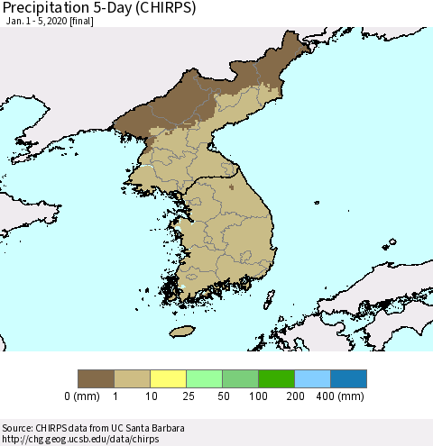 Korea Precipitation 5-Day (CHIRPS) Thematic Map For 1/1/2020 - 1/5/2020