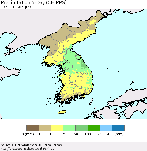 Korea Precipitation 5-Day (CHIRPS) Thematic Map For 1/6/2020 - 1/10/2020