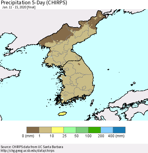Korea Precipitation 5-Day (CHIRPS) Thematic Map For 1/11/2020 - 1/15/2020