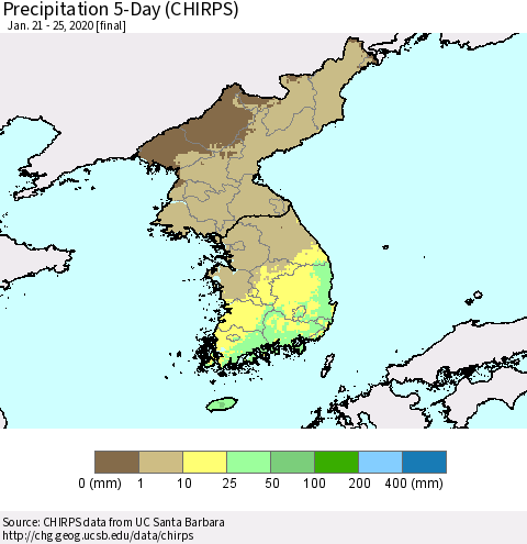 Korea Precipitation 5-Day (CHIRPS) Thematic Map For 1/21/2020 - 1/25/2020