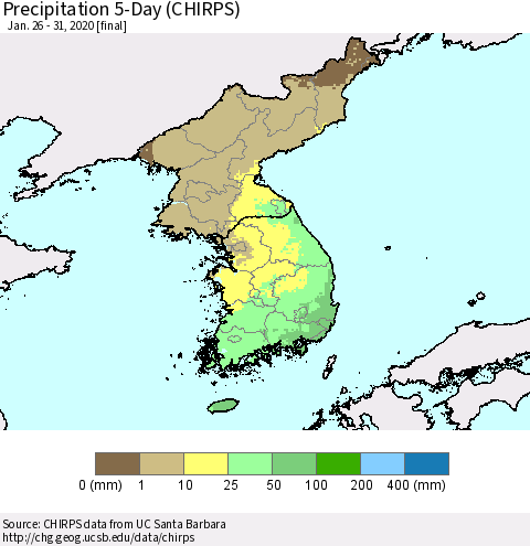 Korea Precipitation 5-Day (CHIRPS) Thematic Map For 1/26/2020 - 1/31/2020
