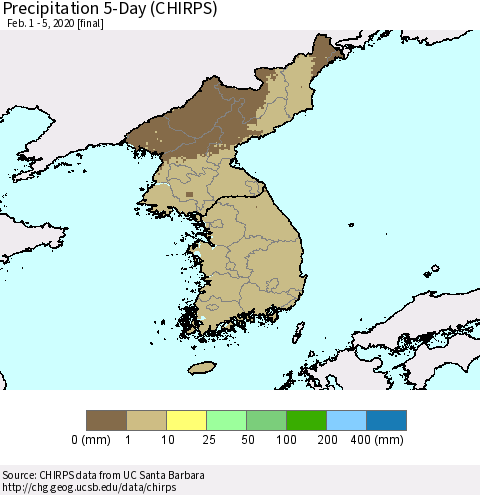 Korea Precipitation 5-Day (CHIRPS) Thematic Map For 2/1/2020 - 2/5/2020