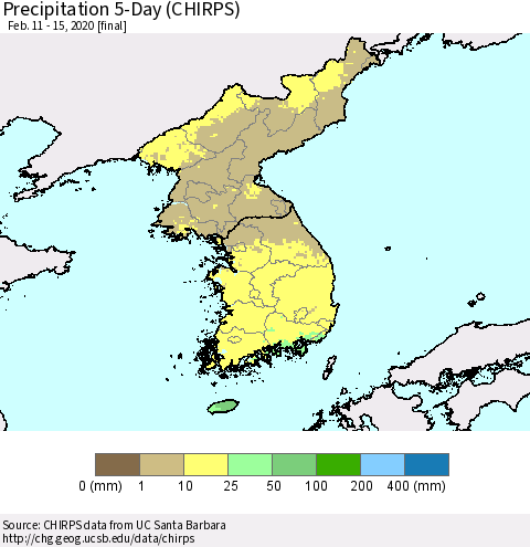 Korea Precipitation 5-Day (CHIRPS) Thematic Map For 2/11/2020 - 2/15/2020