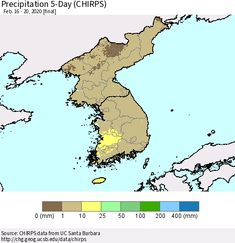 Korea Precipitation 5-Day (CHIRPS) Thematic Map For 2/16/2020 - 2/20/2020