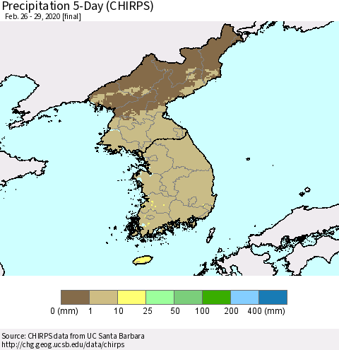 Korea Precipitation 5-Day (CHIRPS) Thematic Map For 2/26/2020 - 2/29/2020
